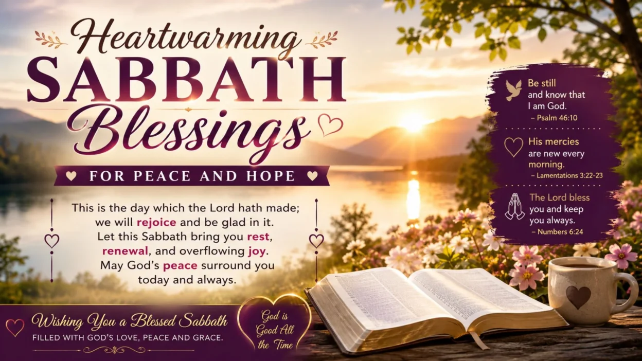 Heartwarming Sabbath blessings image with sunrise lake, open Bible, flowers, and peaceful messages of hope and faith