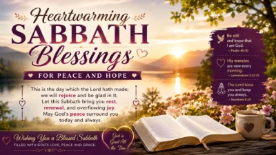 Heartwarming Sabbath blessings image with sunrise lake, open Bible, flowers, and peaceful messages of hope and faith