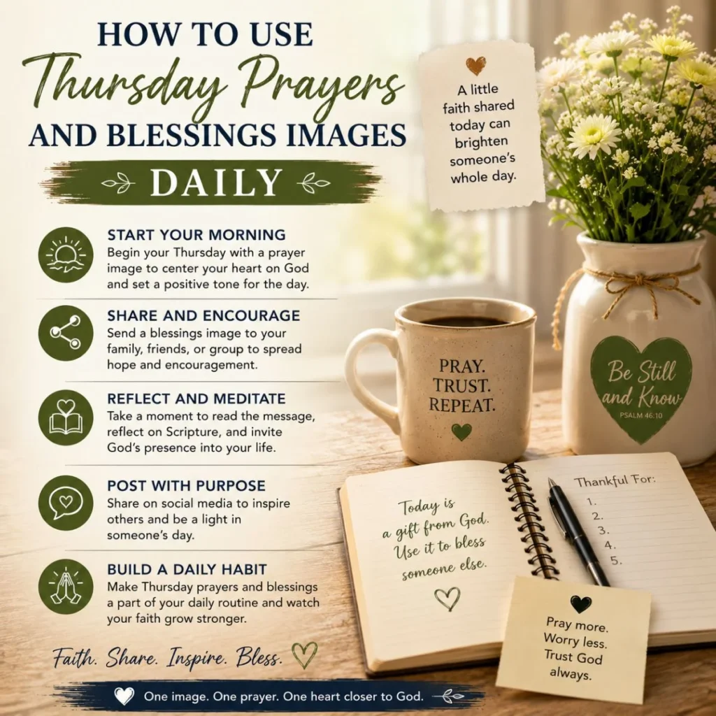 How to use Thursday prayers and blessings images daily with faith tips, gratitude journal, coffee mug, and flowers
