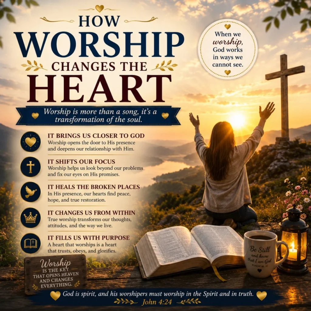 How Worship Changes the Heart image with cross, Bible, and sunrise symbolizing faith, healing, and hope
