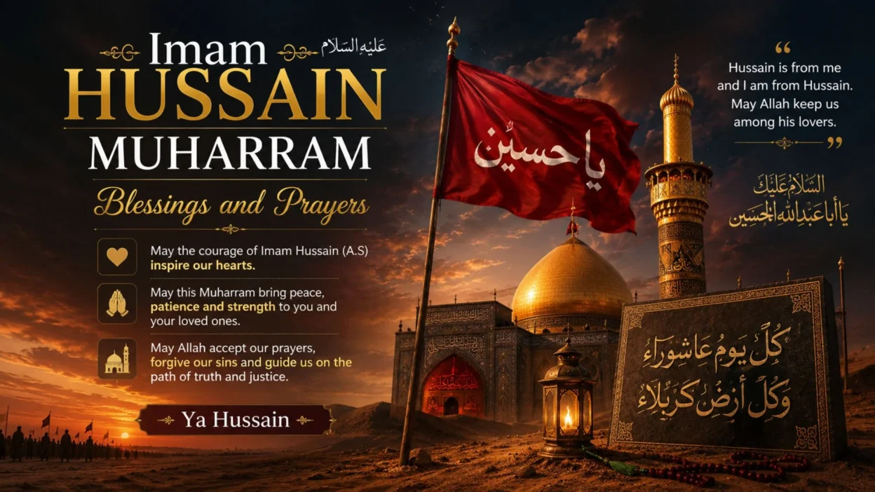 Imam Hussain Muharram Blessings and Prayers image with Karbala shrine, red flag, and Islamic sunset scene