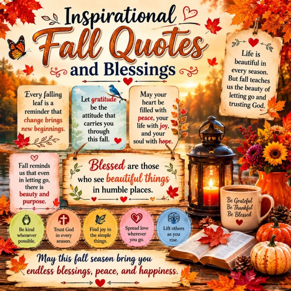 Inspirational fall quotes and blessings with autumn leaves, lantern, pumpkins, gratitude, and peaceful messages