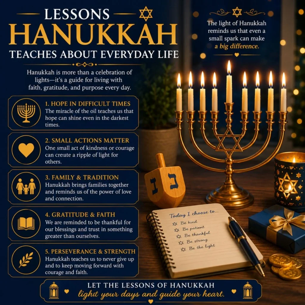 Lessons Hanukkah teaches about everyday life with menorah, dreidel, gratitude journal, and faith-inspired lessons