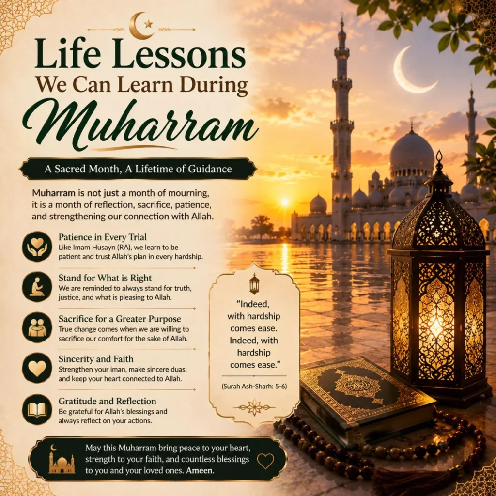 Life lessons we can learn during Muharram with mosque, Quran, lantern, and faith-inspired reflections