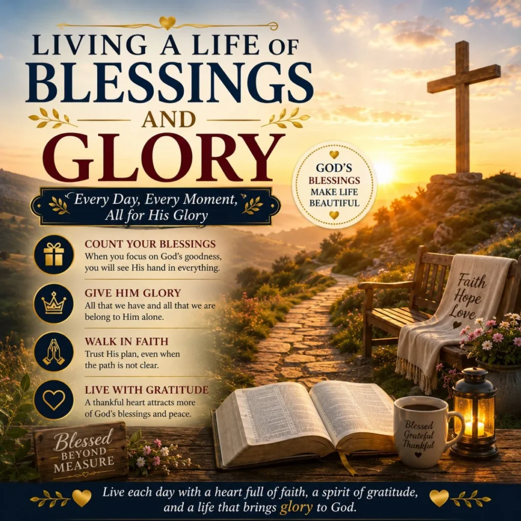 Living a Life of Blessings and Glory image with cross, Bible, and sunrise symbolizing faith and gratitude