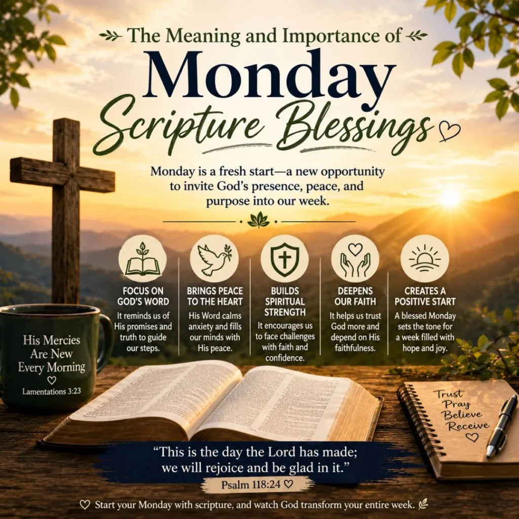 Meaning and importance of Monday scripture blessings with Bible, cross, sunrise, and faith-inspired encouragement