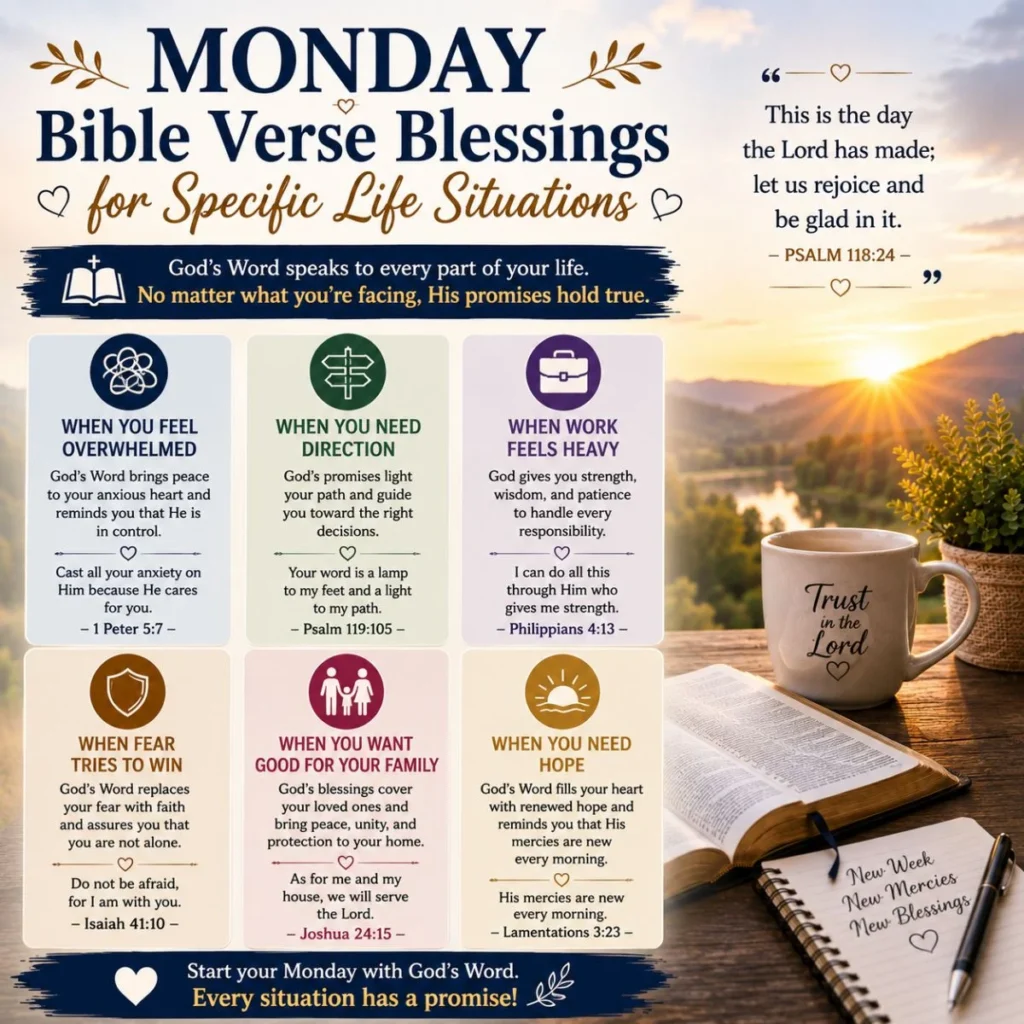 Monday Bible verse blessings for specific life situations with hope, guidance, strength, family, and faith