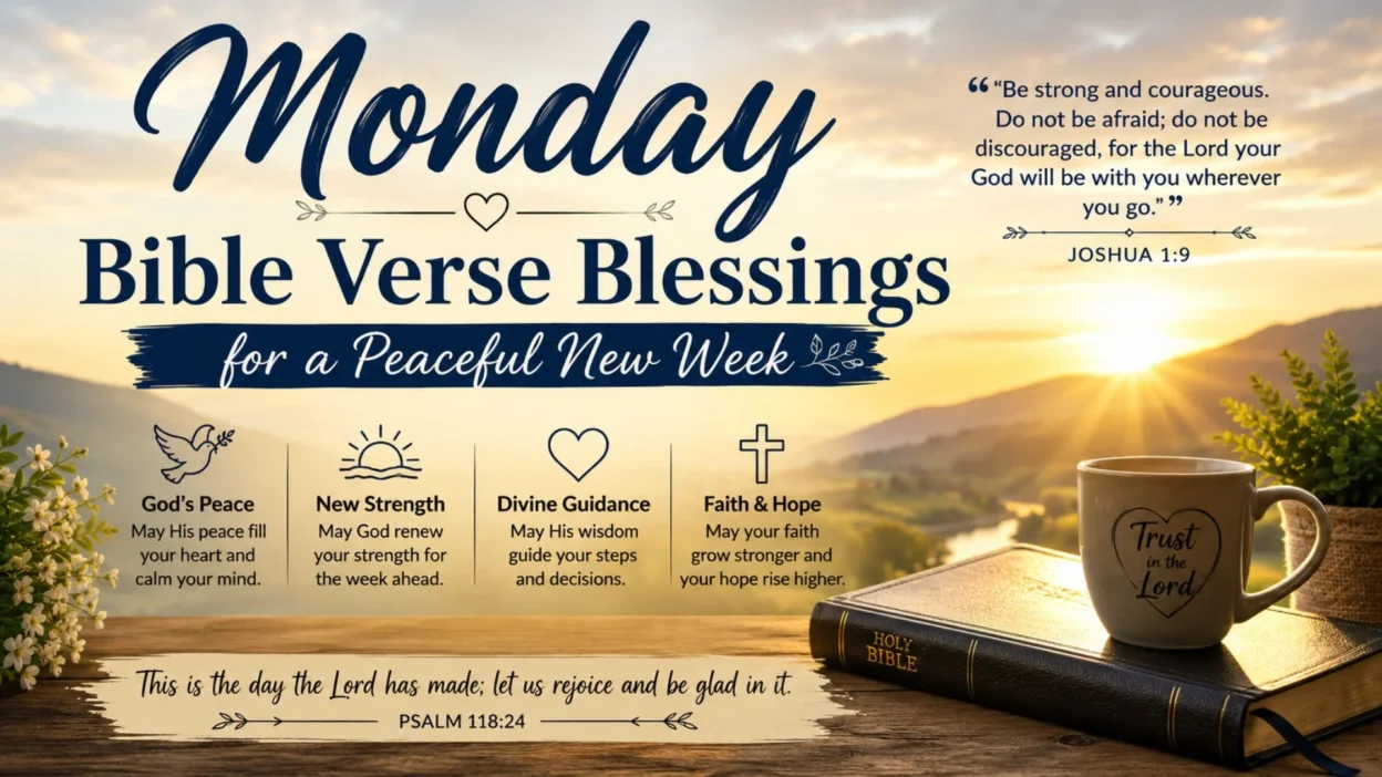 Monday Bible verse blessings graphic with sunrise, Holy Bible, coffee mug, and inspirational Scripture for a peaceful week