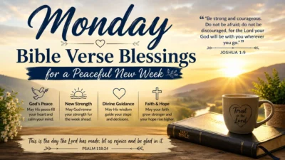 Monday Bible verse blessings graphic with sunrise, Holy Bible, coffee mug, and inspirational Scripture for a peaceful week