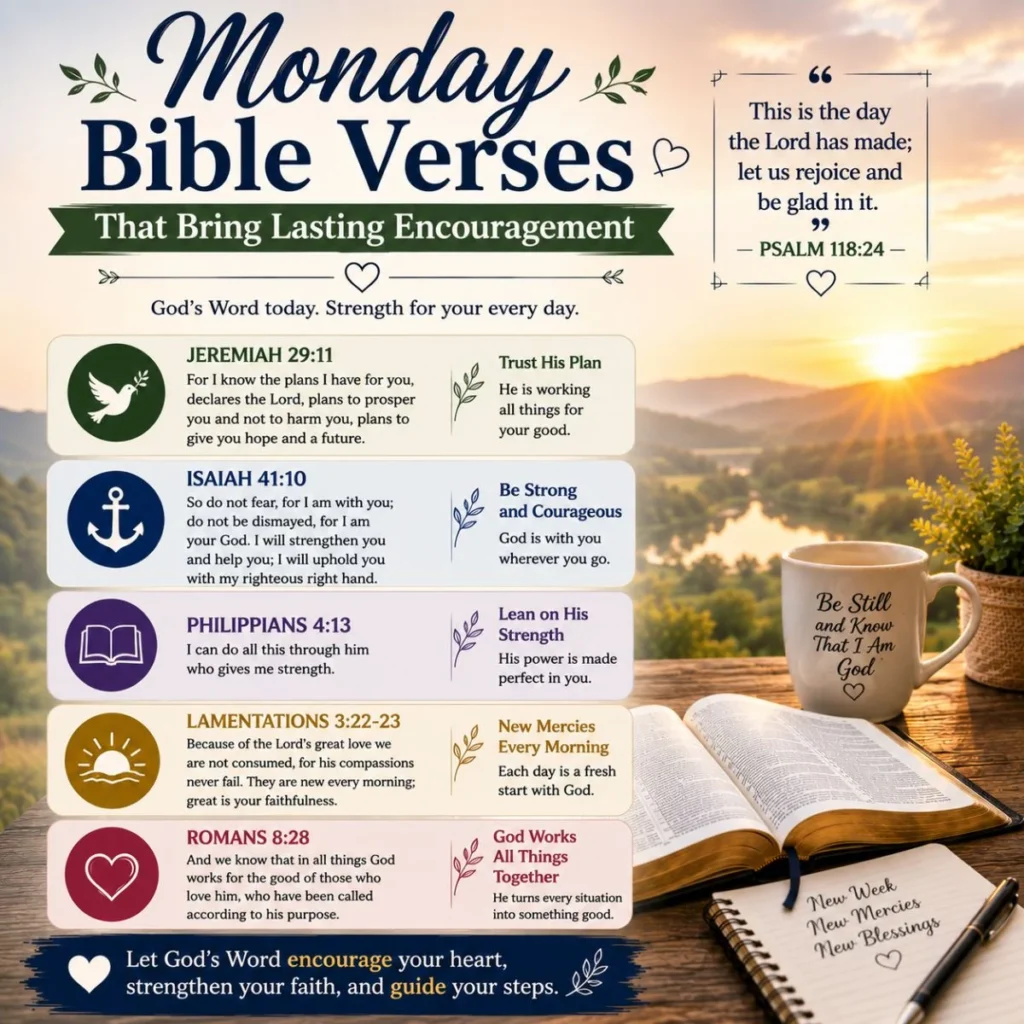 Monday Bible verses that bring lasting encouragement with Scripture, sunrise, faith, hope, and strength
