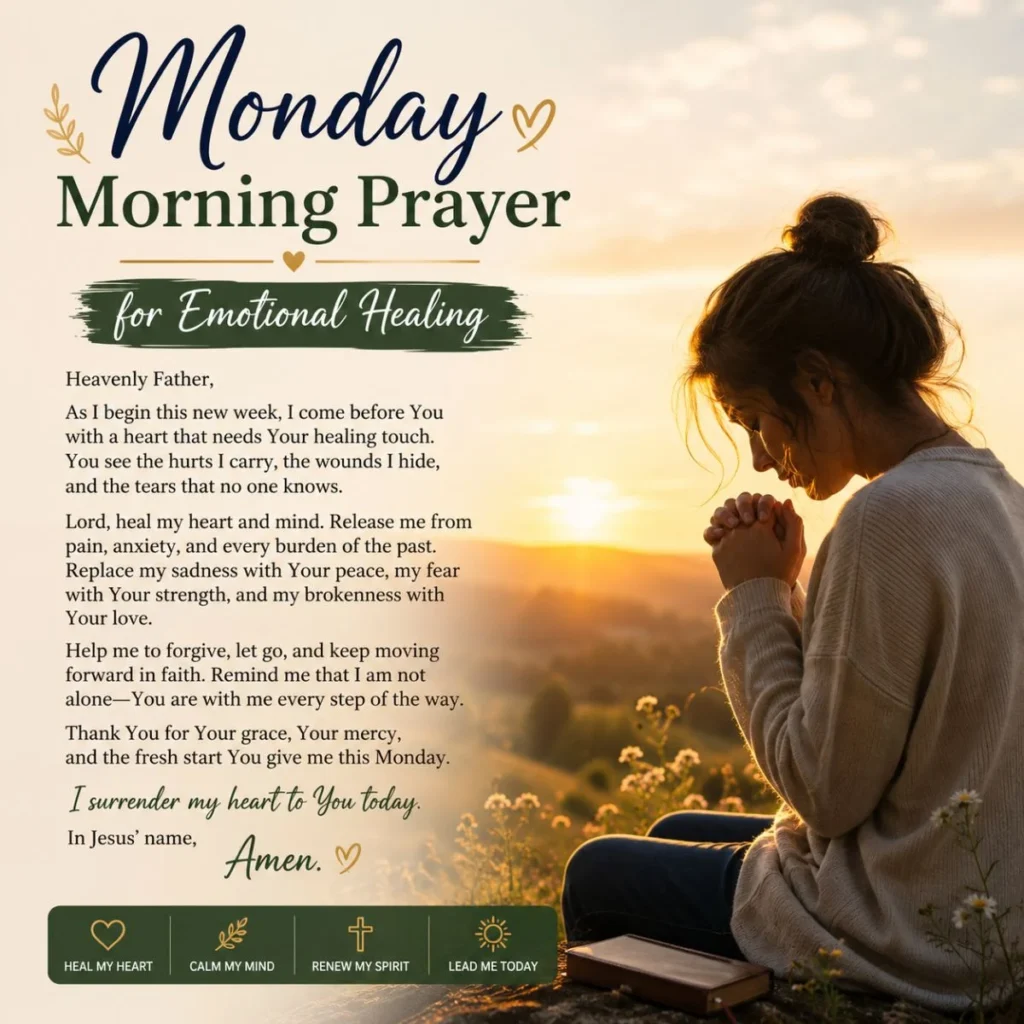 Monday morning prayer for emotional healing with a woman praying at sunrise, seeking peace, comfort, and strength