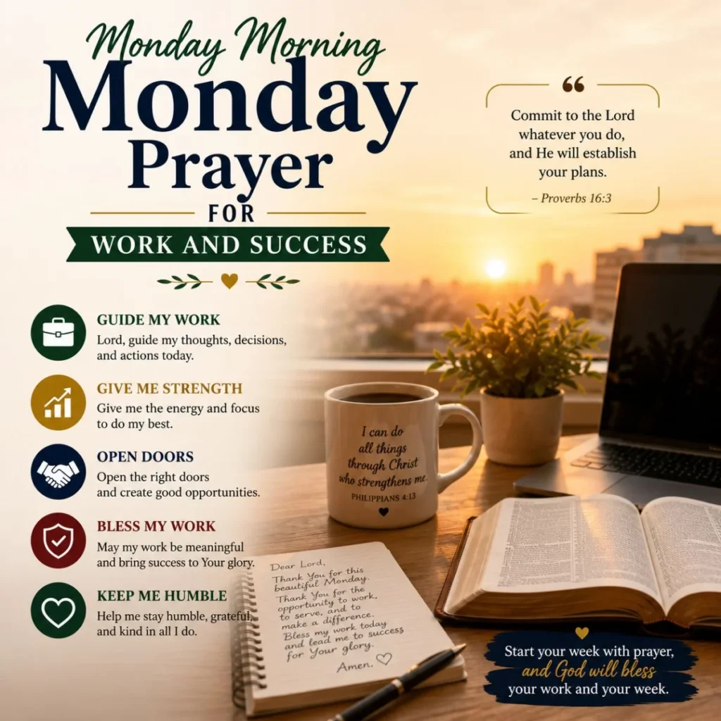 Monday morning prayer for work and success with Bible, coffee, laptop, and sunrise office inspiration