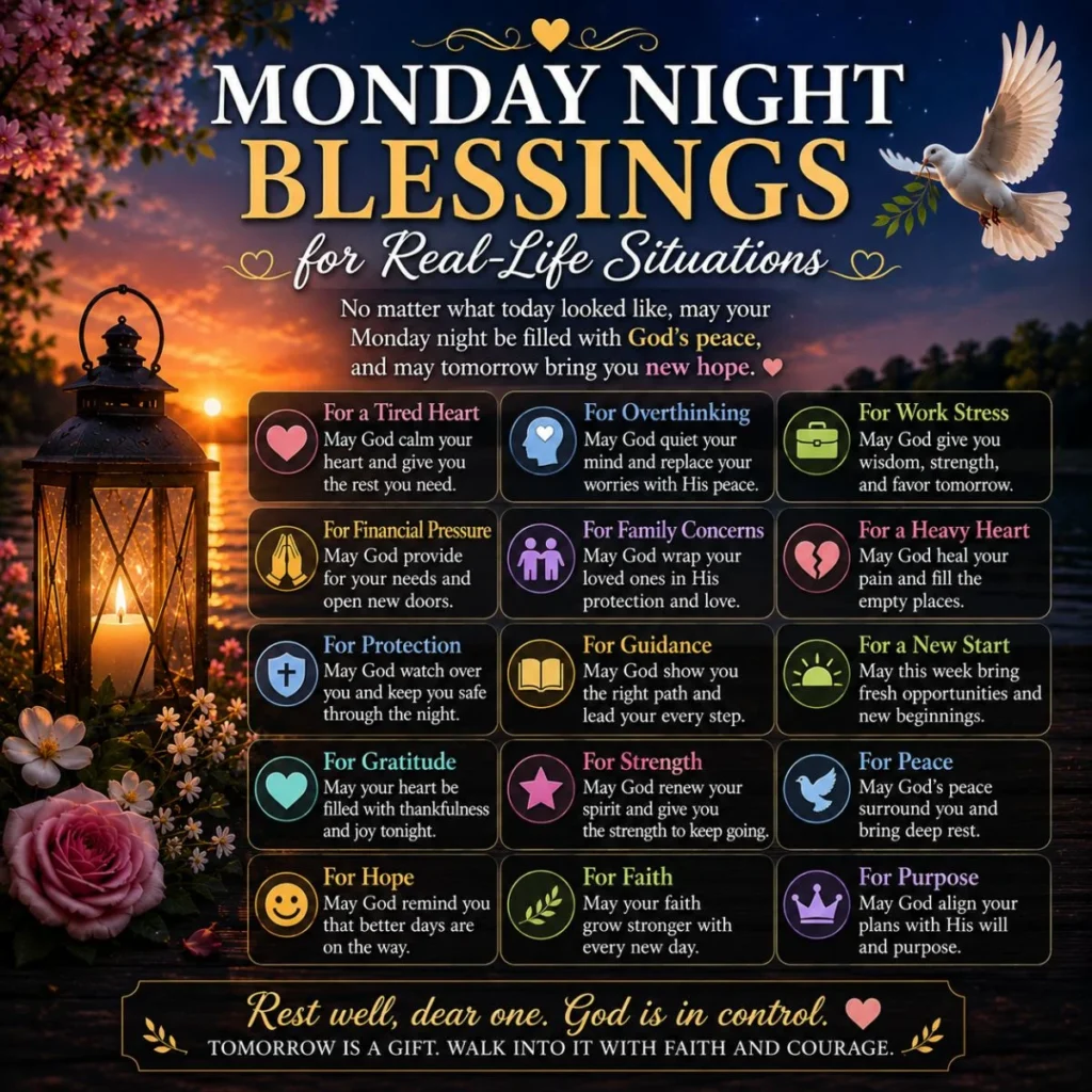 Monday night blessings for real-life situations with sunset lake, lantern, dove, and faith-filled encouragement