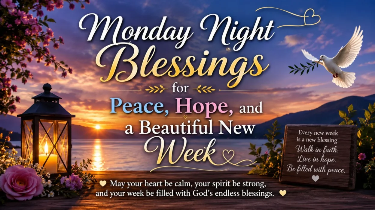 Monday night blessings image with sunset lake, dove, lantern, and message of peace, hope, and a beautiful new week