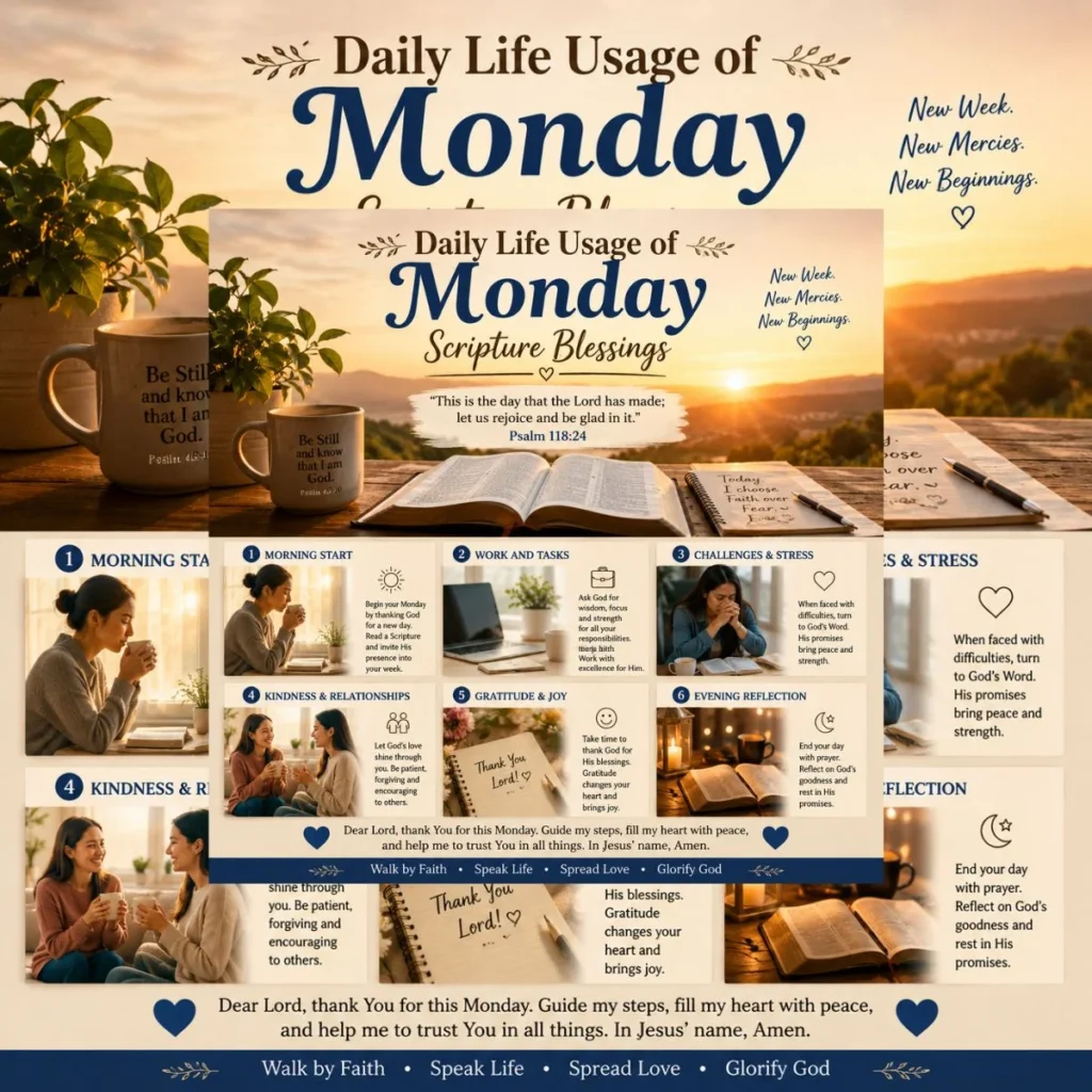 Monday Scripture Blessings infographic with Psalm 118:24, sunrise Bible scene, prayer, gratitude, and daily faith tips.