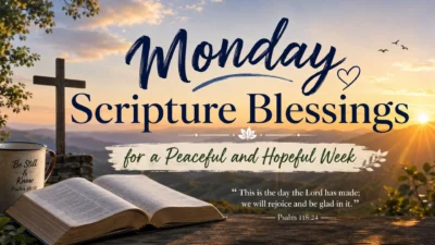 Monday scripture blessings image with open Bible, cross, sunrise, and peaceful mountains inspiring hope and faith