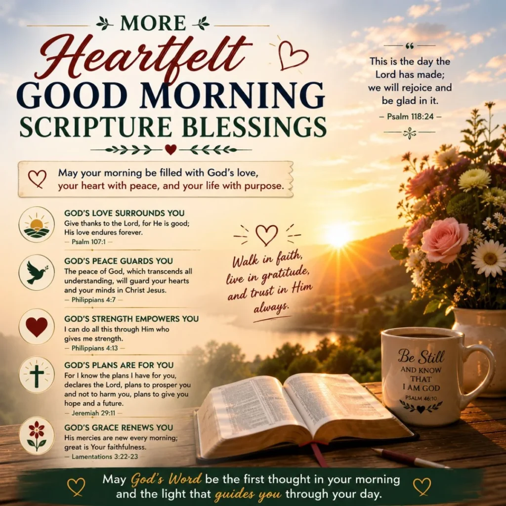 More heartfelt good morning scripture blessings with sunrise, open Bible, flowers, and inspiring Christian messages