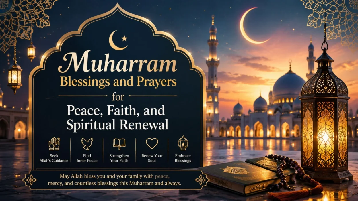 Muharram blessings and prayers with mosque, crescent moon, Quran, and lanterns for faith and spiritual renewal