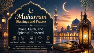 Muharram blessings and prayers with mosque, crescent moon, Quran, and lanterns for faith and spiritual renewal