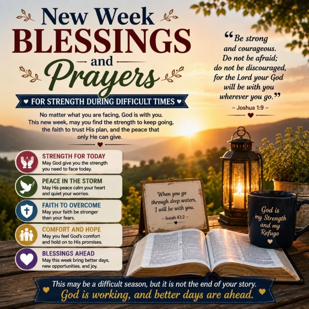 New Week Blessings and Prayers for Strength During Difficult Times with sunrise, Bible, faith, and hope