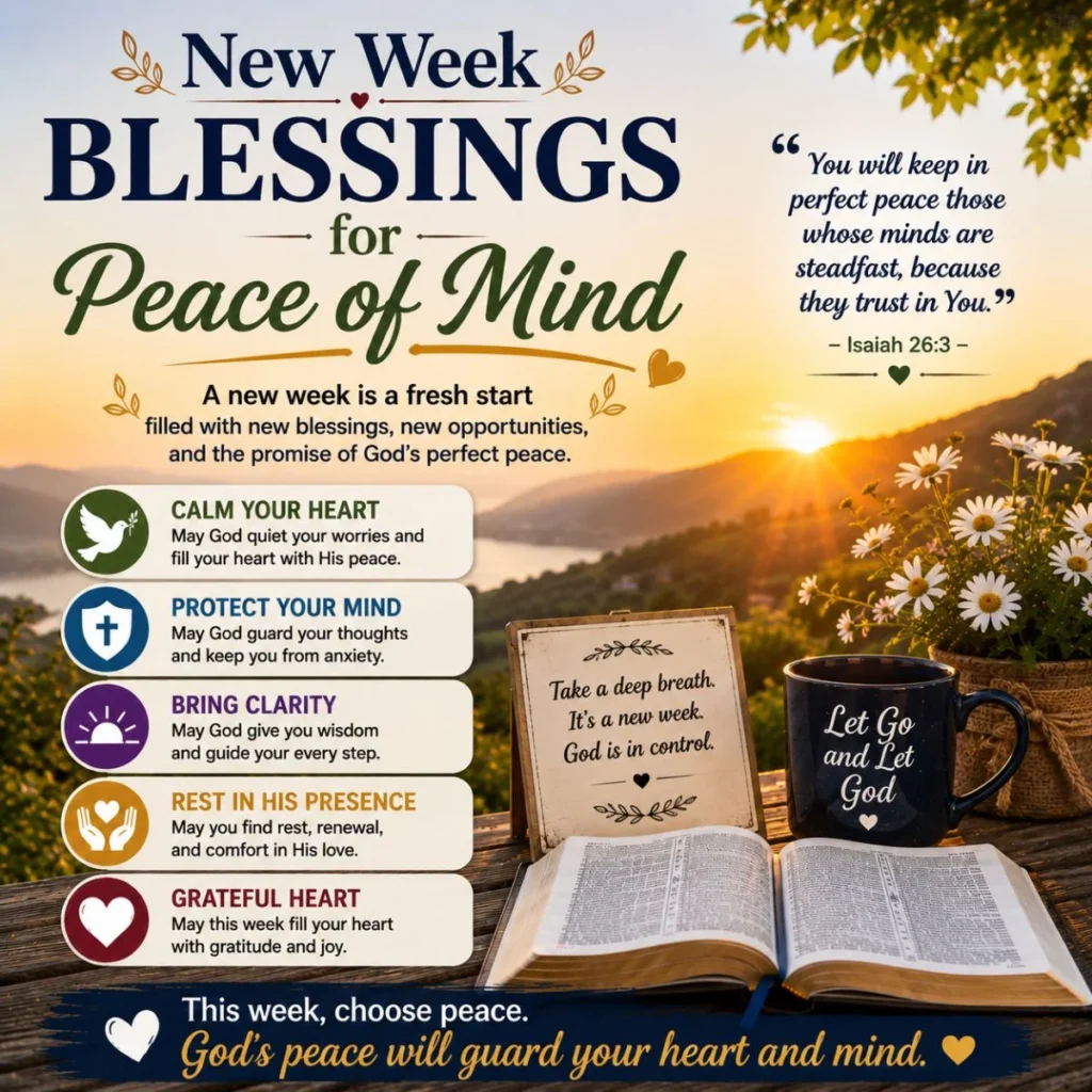 New Week Blessings for Peace of Mind with sunrise, Bible, calming faith message, and God's peace