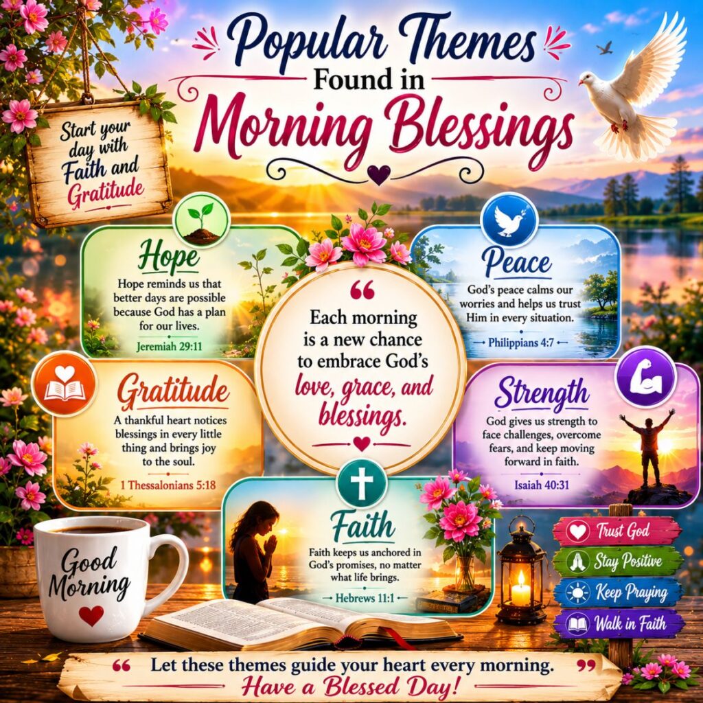 Popular themes found in morning blessings featuring hope, peace, gratitude, strength, faith, and Bible verses