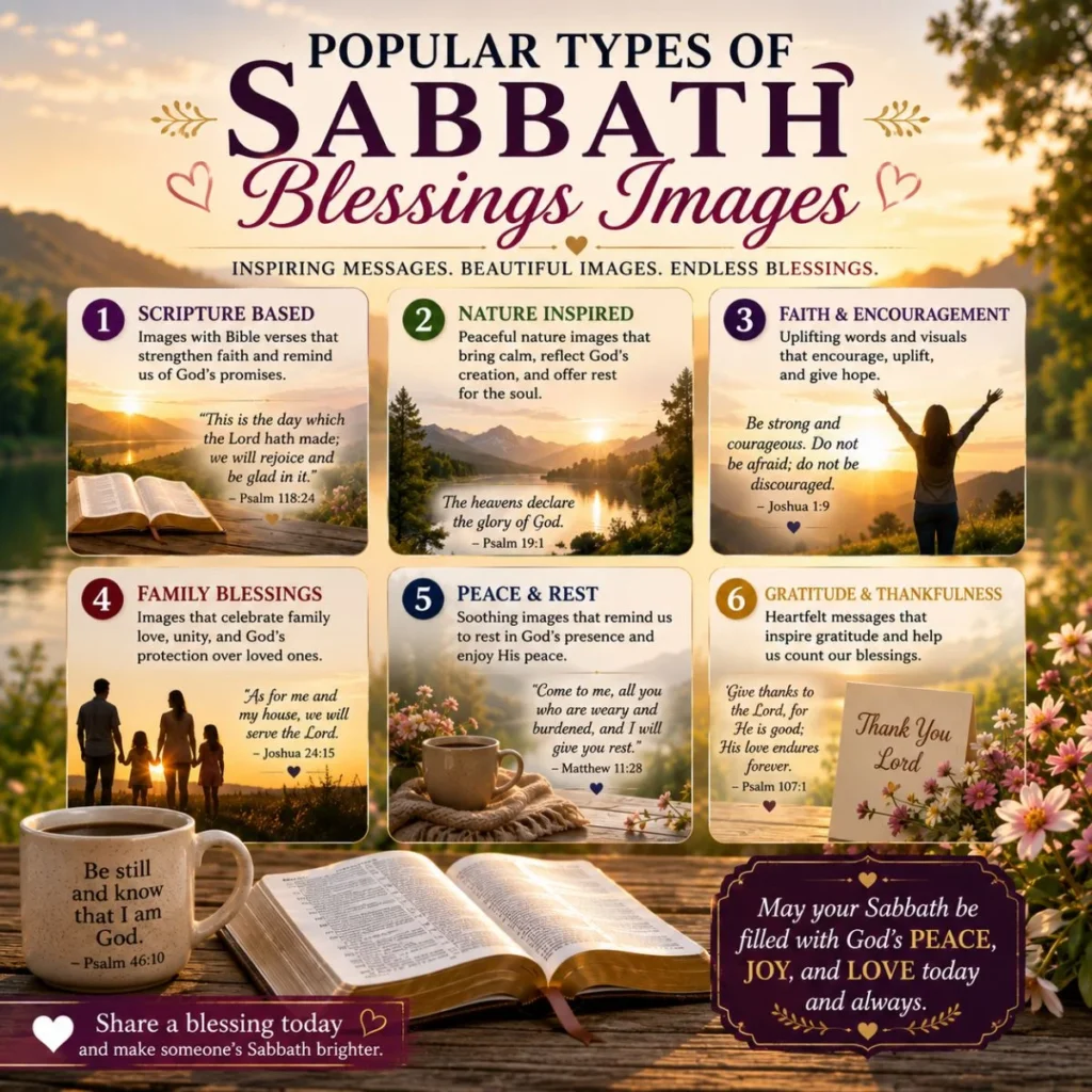 Popular types of Sabbath blessings images featuring scripture, nature, faith, family, peace, and gratitude themes