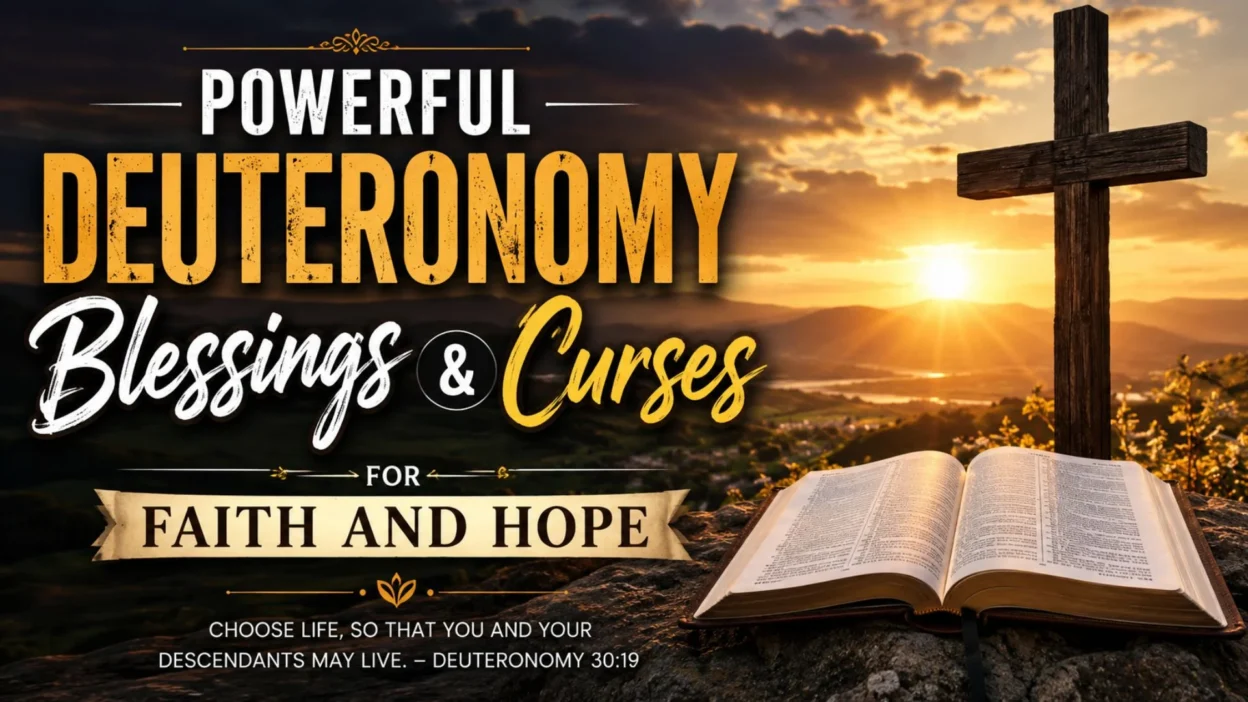 Deuteronomy blessings and curses with cross, open Bible, and sunrise symbolizing faith, hope, and God's guidance