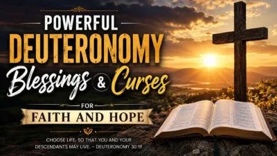 Deuteronomy blessings and curses with cross, open Bible, and sunrise symbolizing faith, hope, and God's guidance