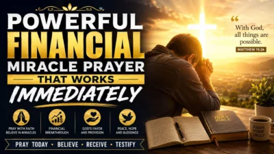 Powerful financial miracle prayer that works immediately with a person praying beside a Bible at sunrise