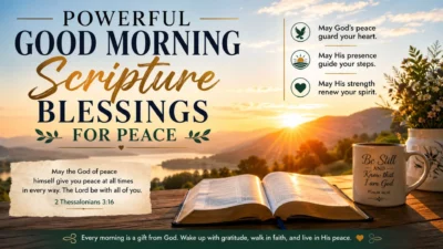 Good morning scripture blessings for peace with sunrise, open Bible, and inspiring Christian message