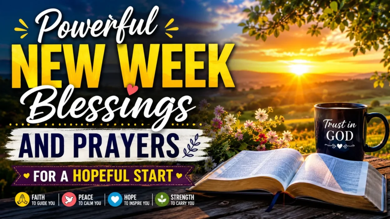 Powerful New Week Blessings and Prayers image with sunrise, Bible, flowers, and faith-filled message of hope