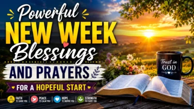 Powerful New Week Blessings and Prayers image with sunrise, Bible, flowers, and faith-filled message of hope