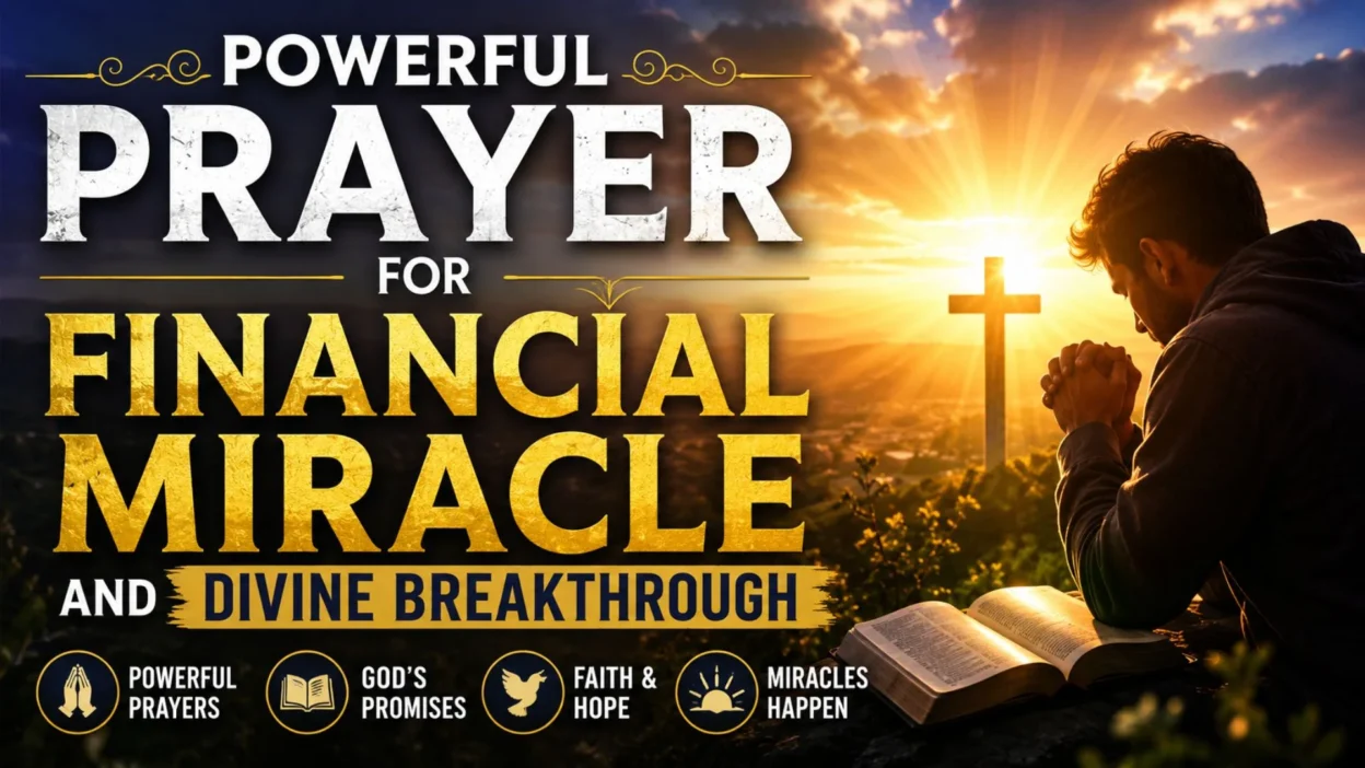 Man praying beside a Bible and cross at sunrise for financial miracle and divine breakthrough
