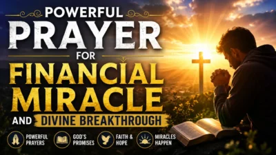 Man praying beside a Bible and cross at sunrise for financial miracle and divine breakthrough