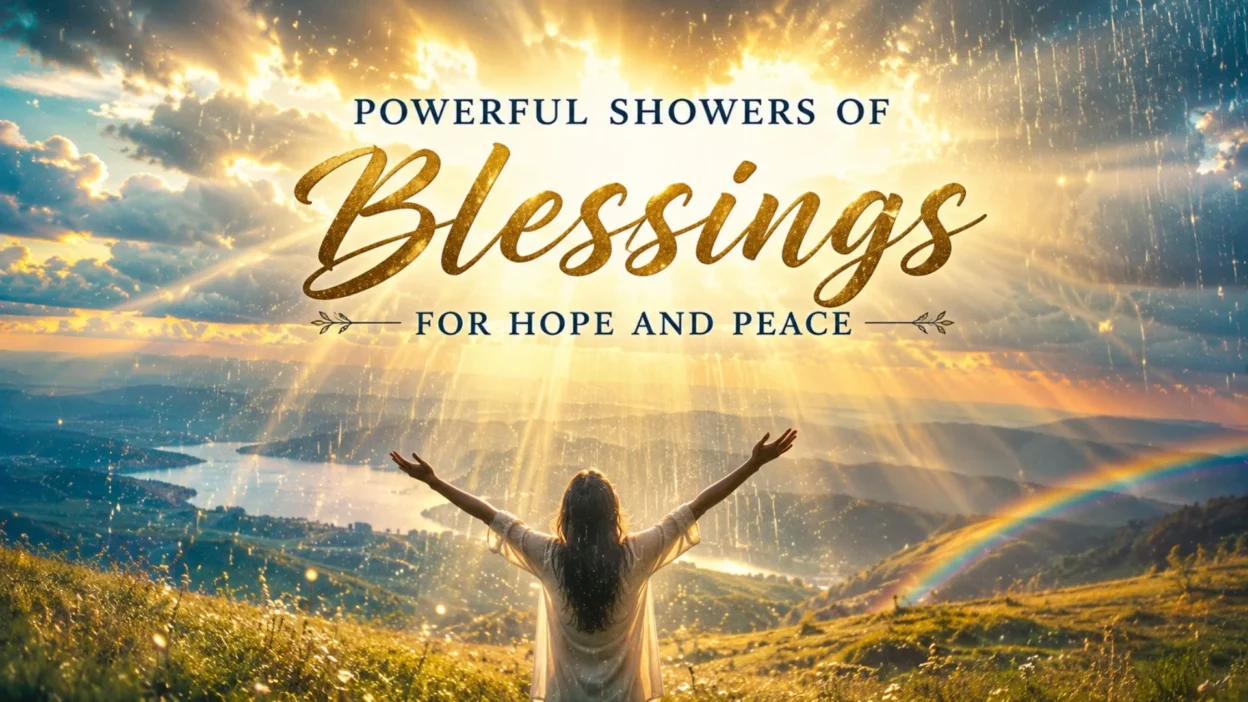 Powerful showers of blessings with golden light, rainbow, and a person embracing hope and peace in nature