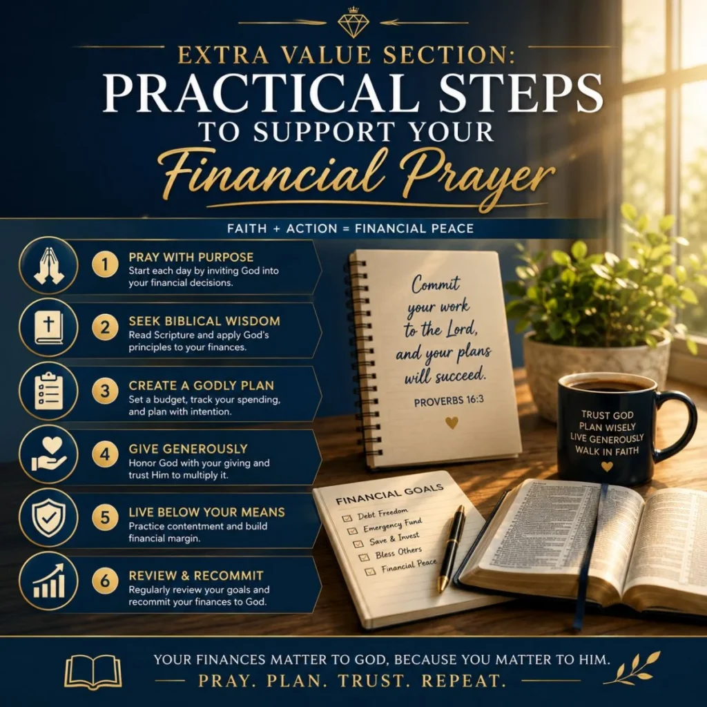 Practical steps to support your financial prayer with Bible, financial goals notebook, and faith-based money guidance