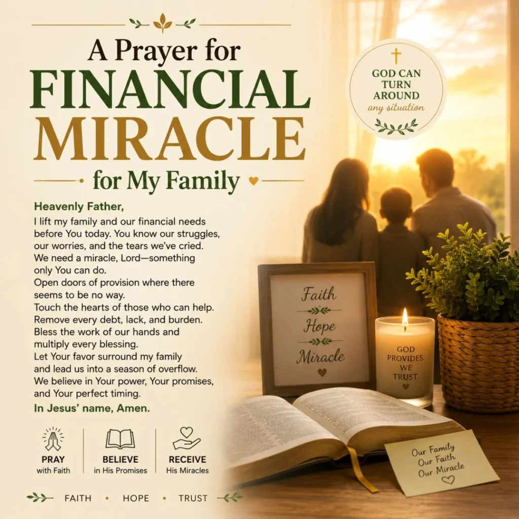 Prayer for a financial miracle for your family with Bible, candle, and family silhouette in warm sunlight.
