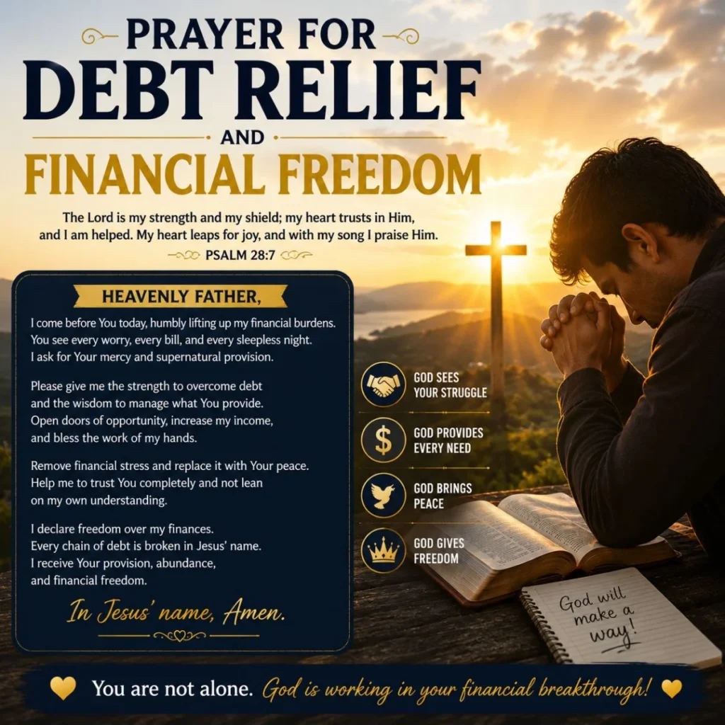Man praying beside a Bible and cross for debt relief and financial freedom at sunrise