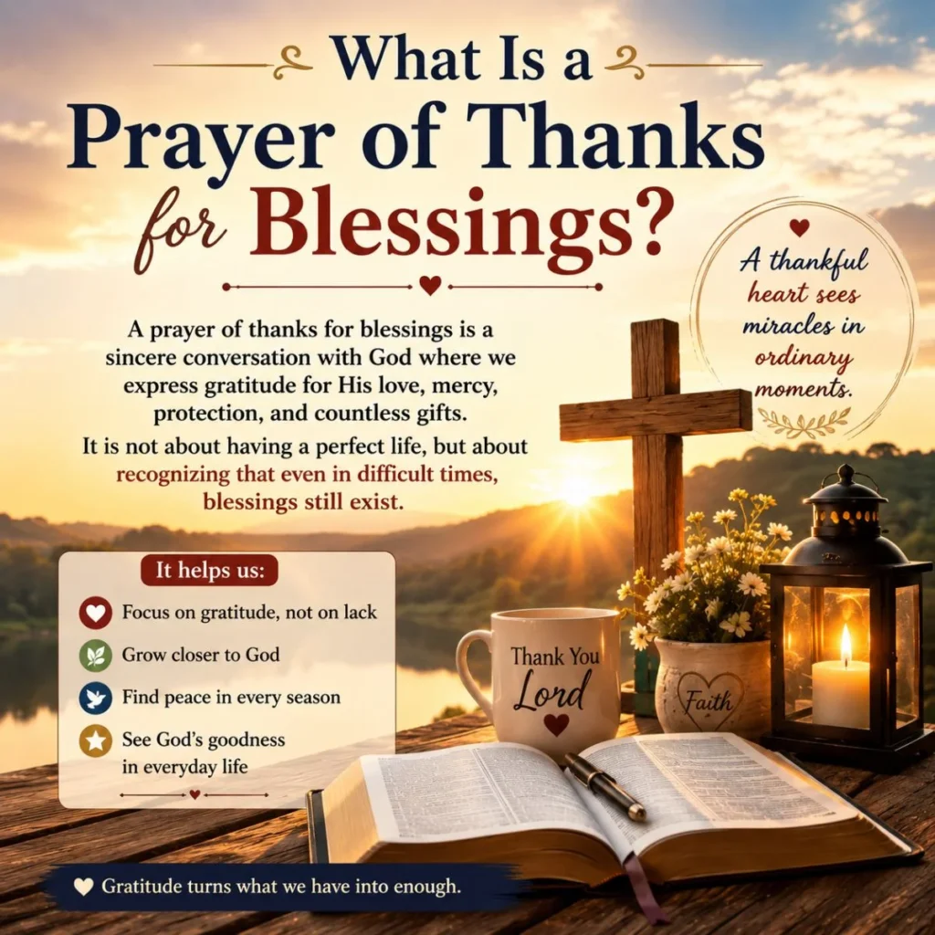 Inspirational prayer of thanks for blessings image with sunrise, Bible, cross, and candle symbolizing gratitude to God.