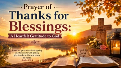 Prayer of thanks for blessings with Bible, cross, candle, and sunrise over a peaceful lake.