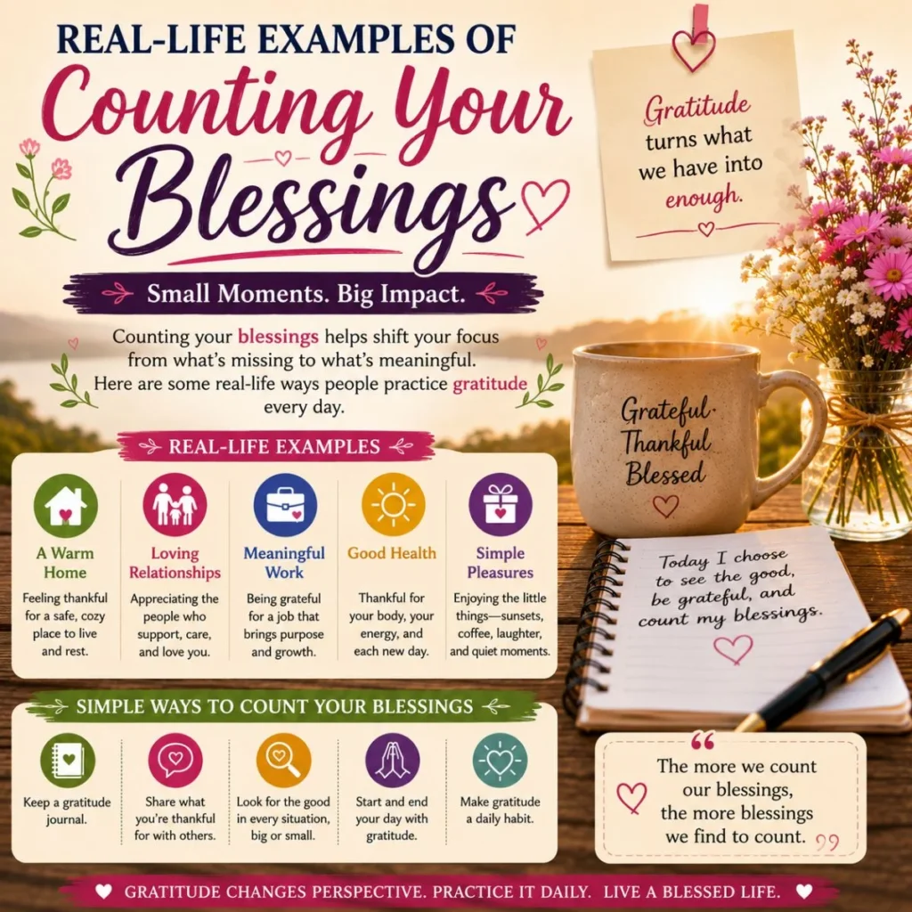 Real-life examples of counting your blessings with gratitude journal, sunrise, flowers, and thankful living tips