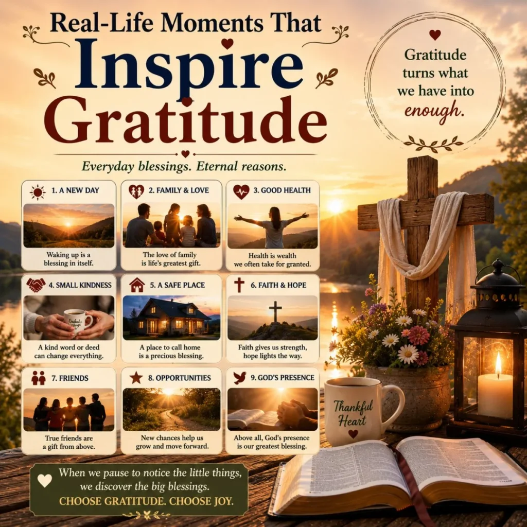 Real-life moments that inspire gratitude image with Bible, cross, sunrise, and blessings of family, faith, and hope.