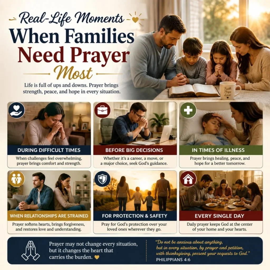 Family praying together during difficult times showing real-life moments when families need prayer most