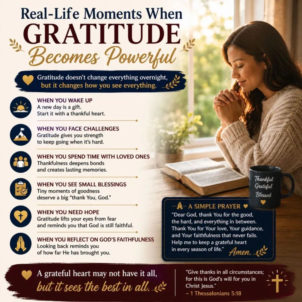 Woman praying beside an open Bible showing real-life moments when gratitude becomes powerful and faith grows