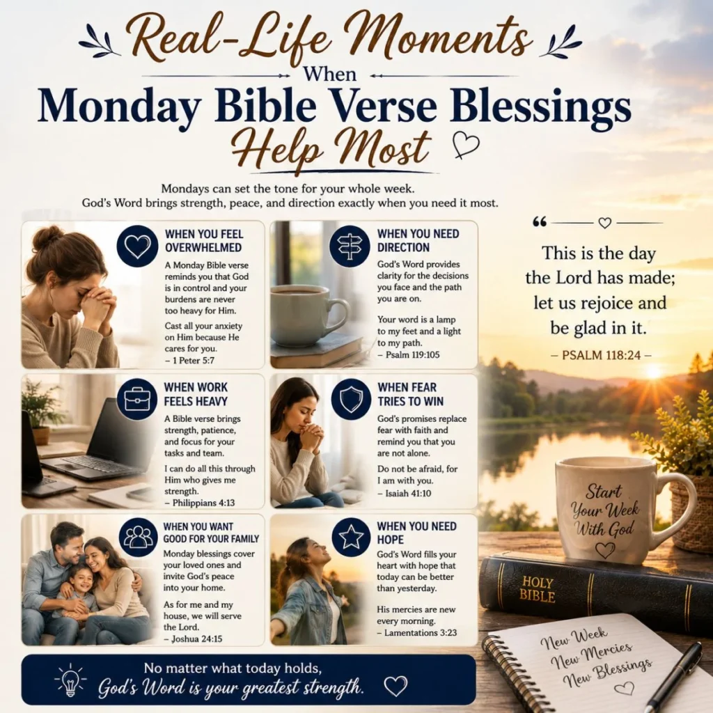 Real-life moments when Monday Bible verse blessings help most with faith, hope, peace, strength, and guidance