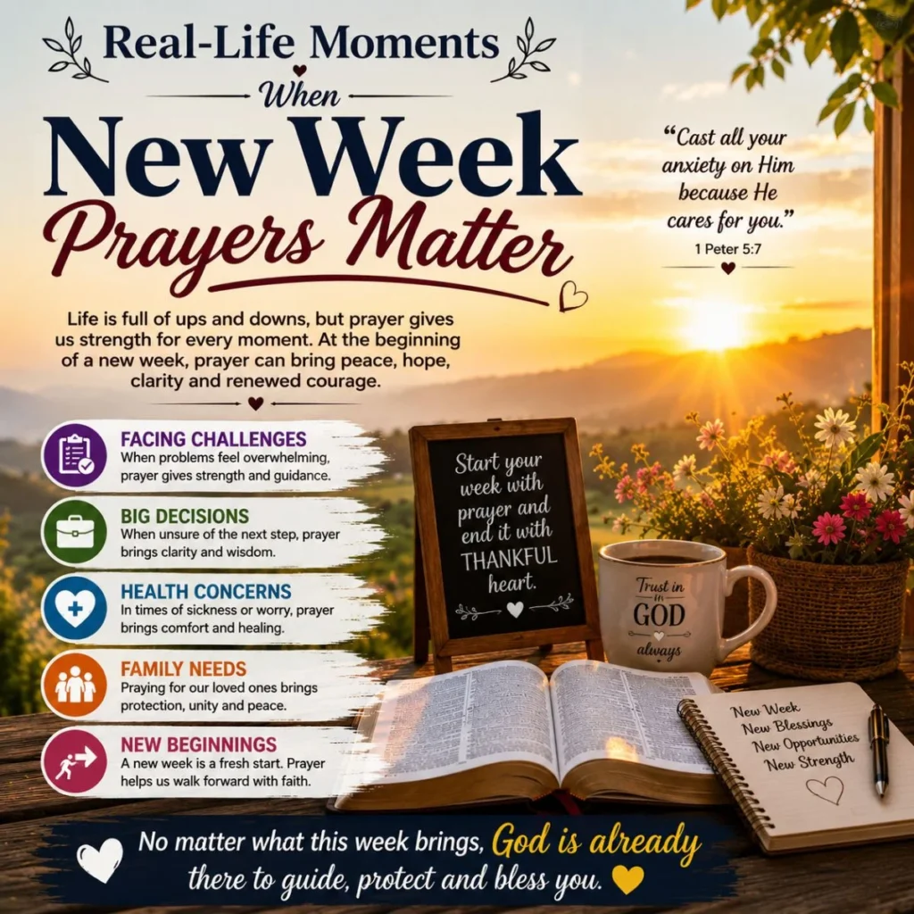 Real-Life Moments When New Week Prayers Matter with sunrise, Bible, faith message, and hope-filled guidance