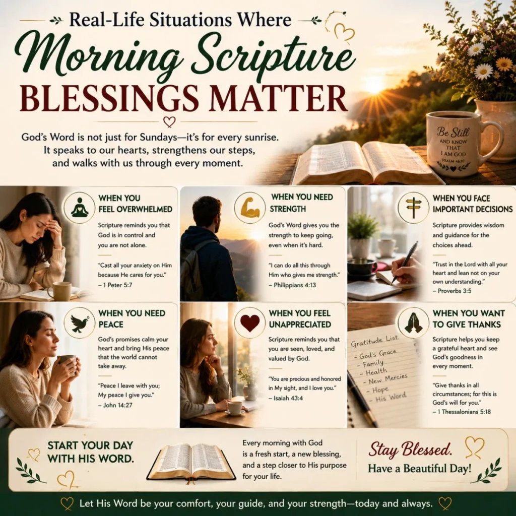 Real-life situations where morning scripture blessings matter for peace, strength, guidance, and daily encouragement