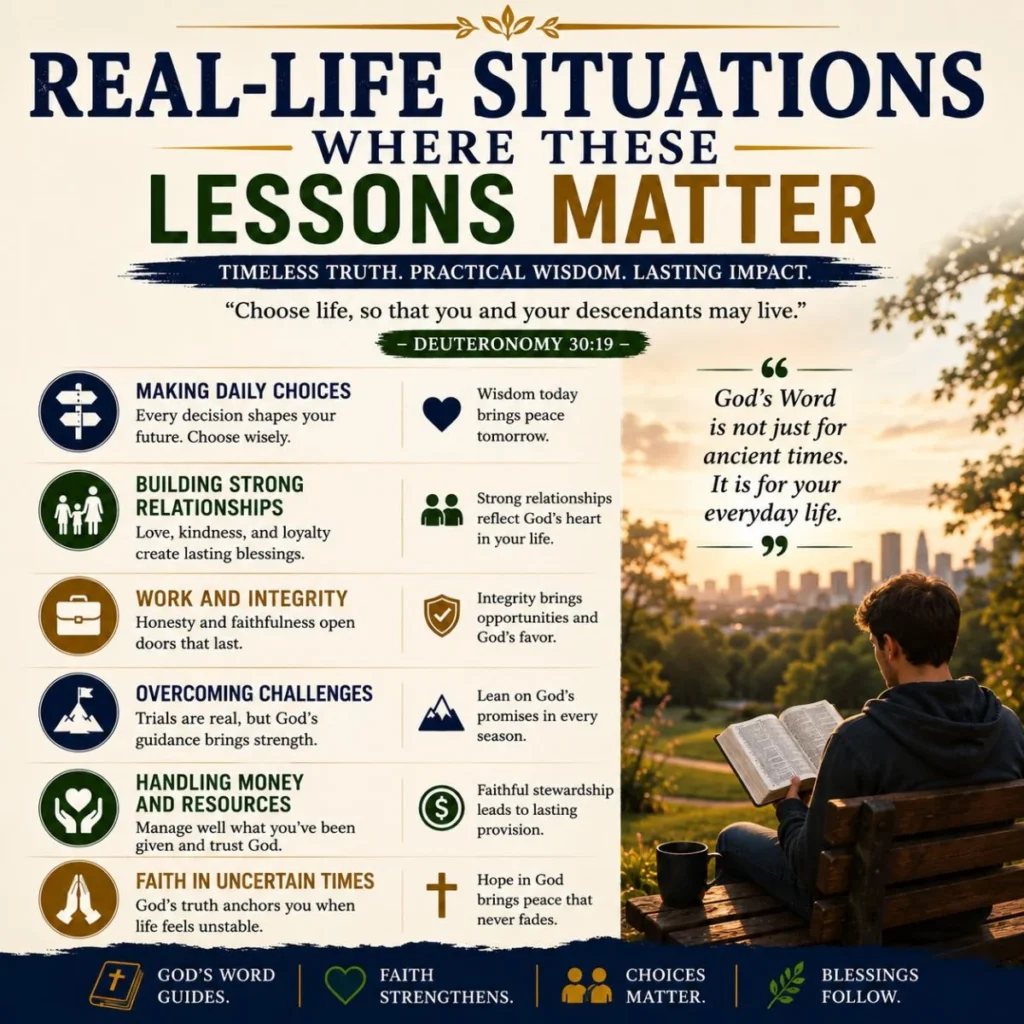 Real-life situations where Deuteronomy lessons matter, featuring Bible reading, faith, choices, and daily guidance