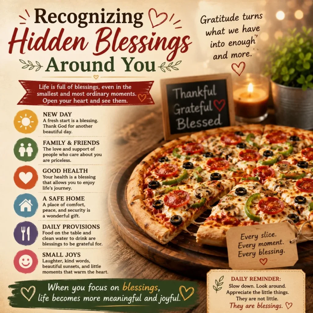 Recognizing hidden blessings around you with gratitude reminders, family values, and a warm shared pizza mea